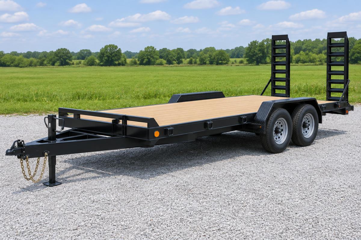 Representative heavy-duty equipment trailer with rear fold-up ramps