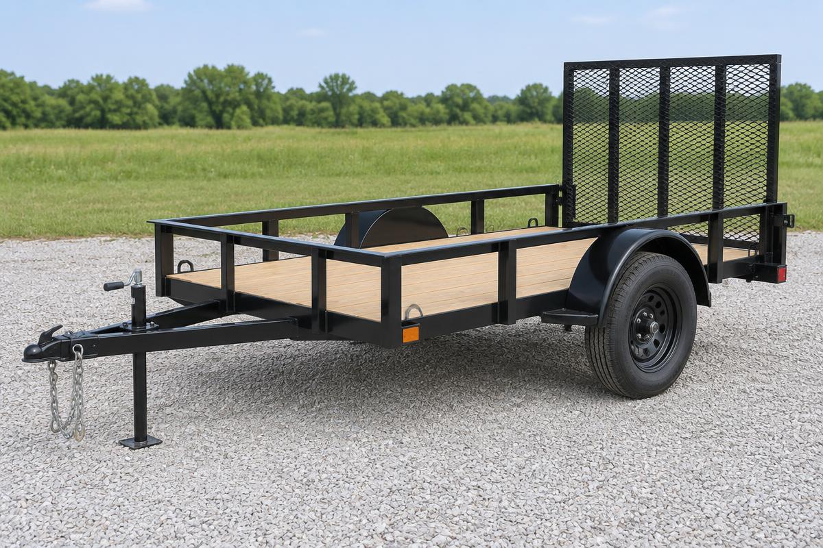 Representative single-axle utility trailer with rear mesh ramp